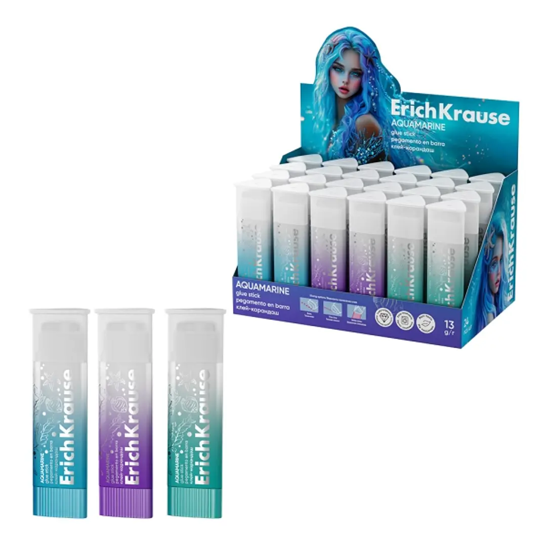 ErichKrause Prism Aquamarine Expositor con 24 Pegamentos en Barra - 13g - Adhesion Fuerte - Secado Rapido - Multisuperficie - Color Transparente 1