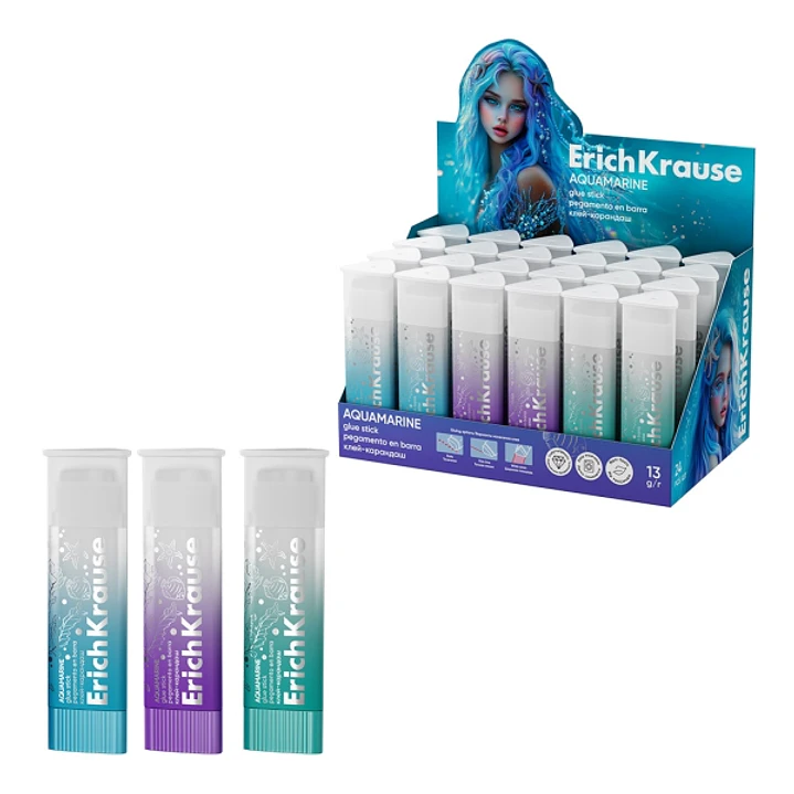 ErichKrause Prism Aquamarine Expositor con 24 Pegamentos en Barra - 13g - Adhesion Fuerte - Secado Rapido - Multisuperficie - Color Transparente 1