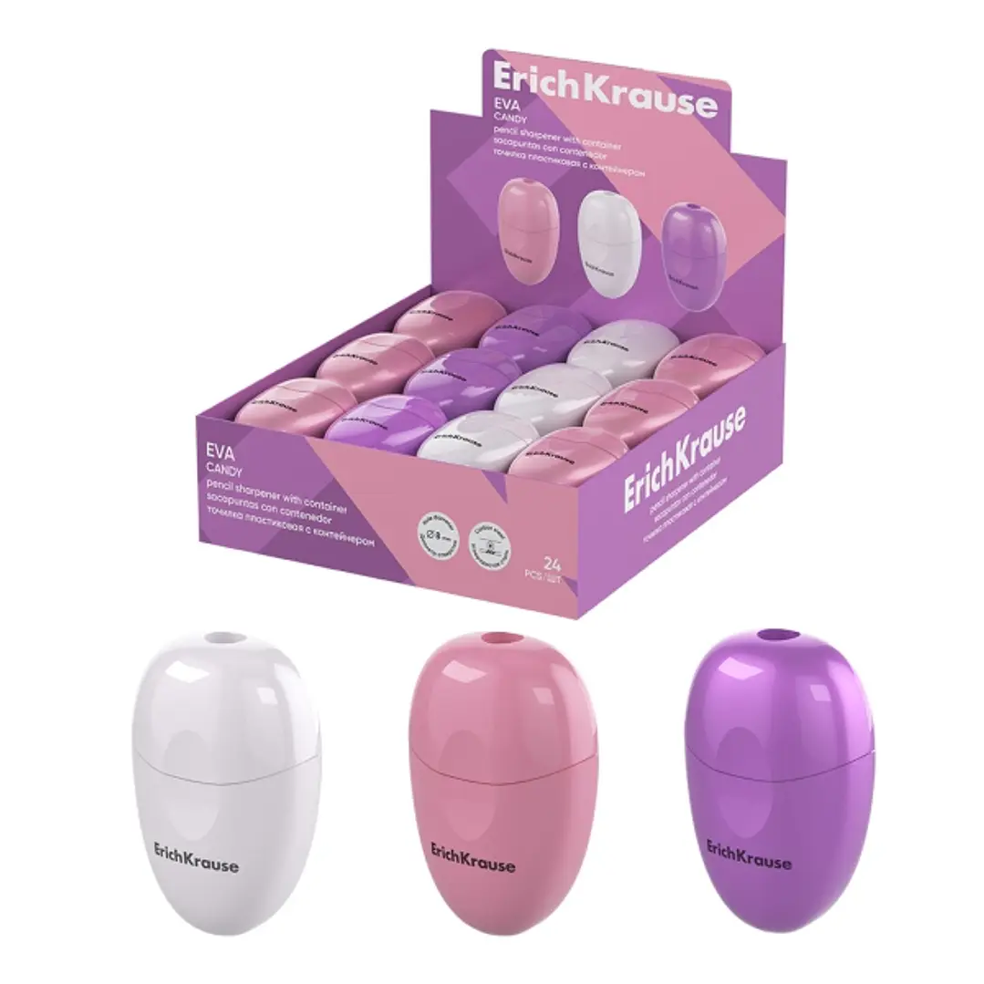 ErichKrause Eva Candy Expositor con 24 Sacapuntas con Contenedor - Plastico - Cuchilla Niquelada de Acero al Carbono - Orificio de 8mm - Colores Surti 1
