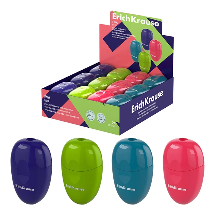 ErichKrause Eva Reef Expositor con 24 Sacapuntas con Contenedor - Plastico - Cuchilla Niquelada de Acero al Carbono - Orificio de 8mm - Colores Surtid 1