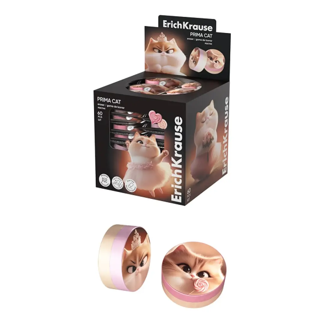 ErichKrause Prima Cat Expositor con 60 Gomas de Borrar - PVC Ecologico - No Deja Residuos - Colores Surtidos 1