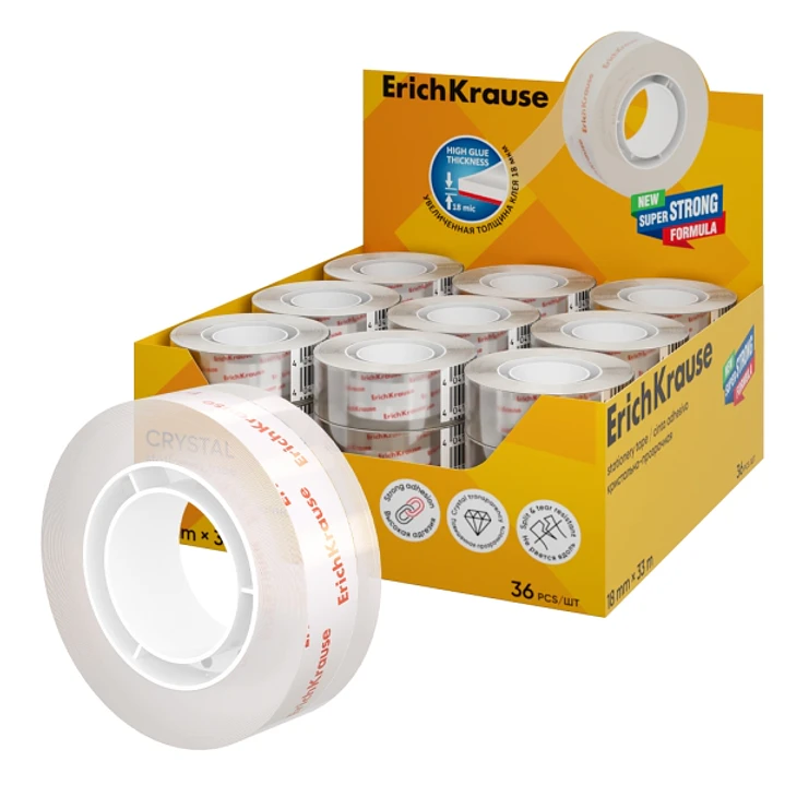 ErichKrause Crystal Expositor con 36 Cintas Adhesivas - Alta Adhesion - 18mm de Ancho - 33 Metros - Resistente al Desgarro Longitudinal - Color Transp 1