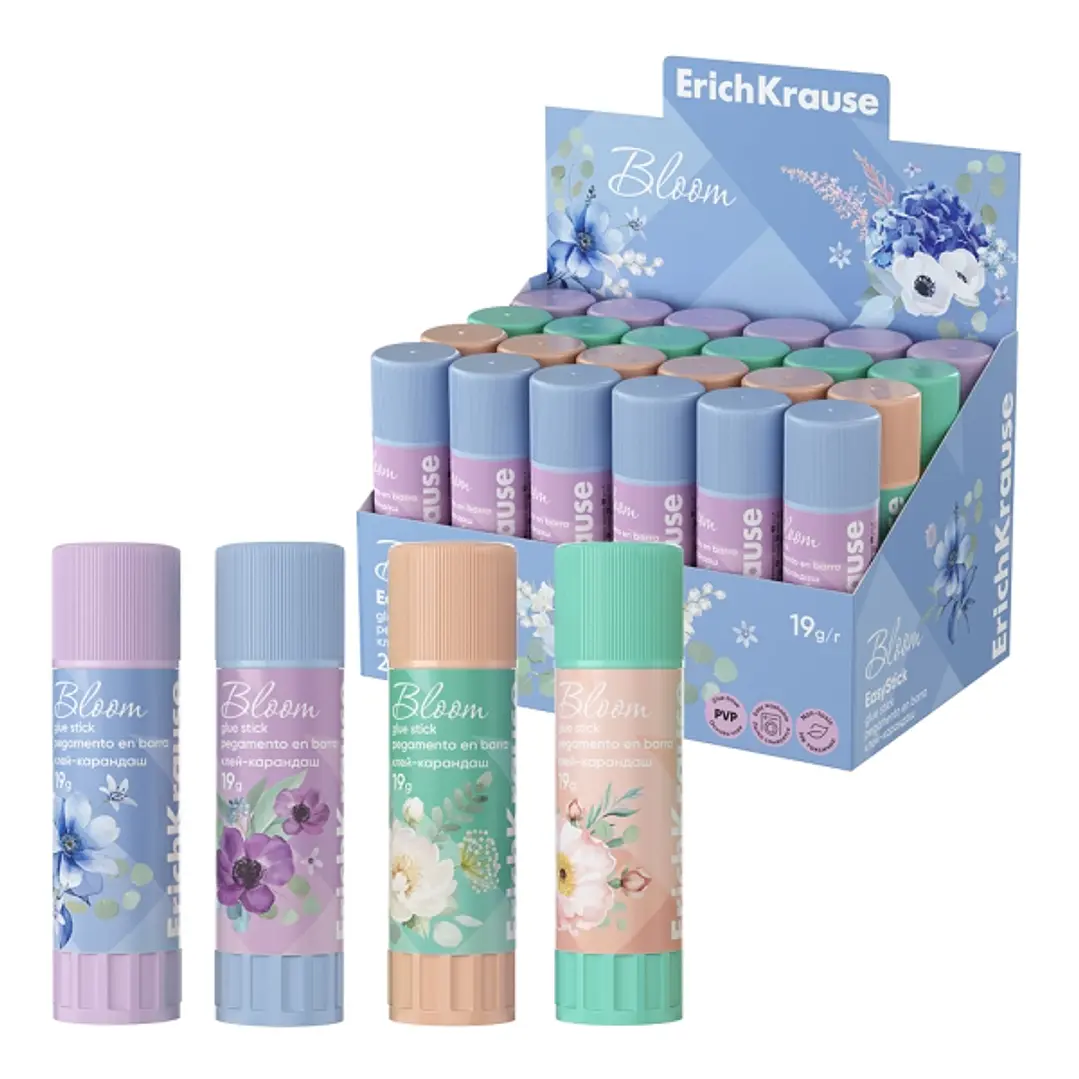 ErichKrause EasyStick Pastel Bloom Expositor con 24 Pegamentos en Barra - 19g - Adhesion Fuerte - Multisuperficie - Color Blanco 1
