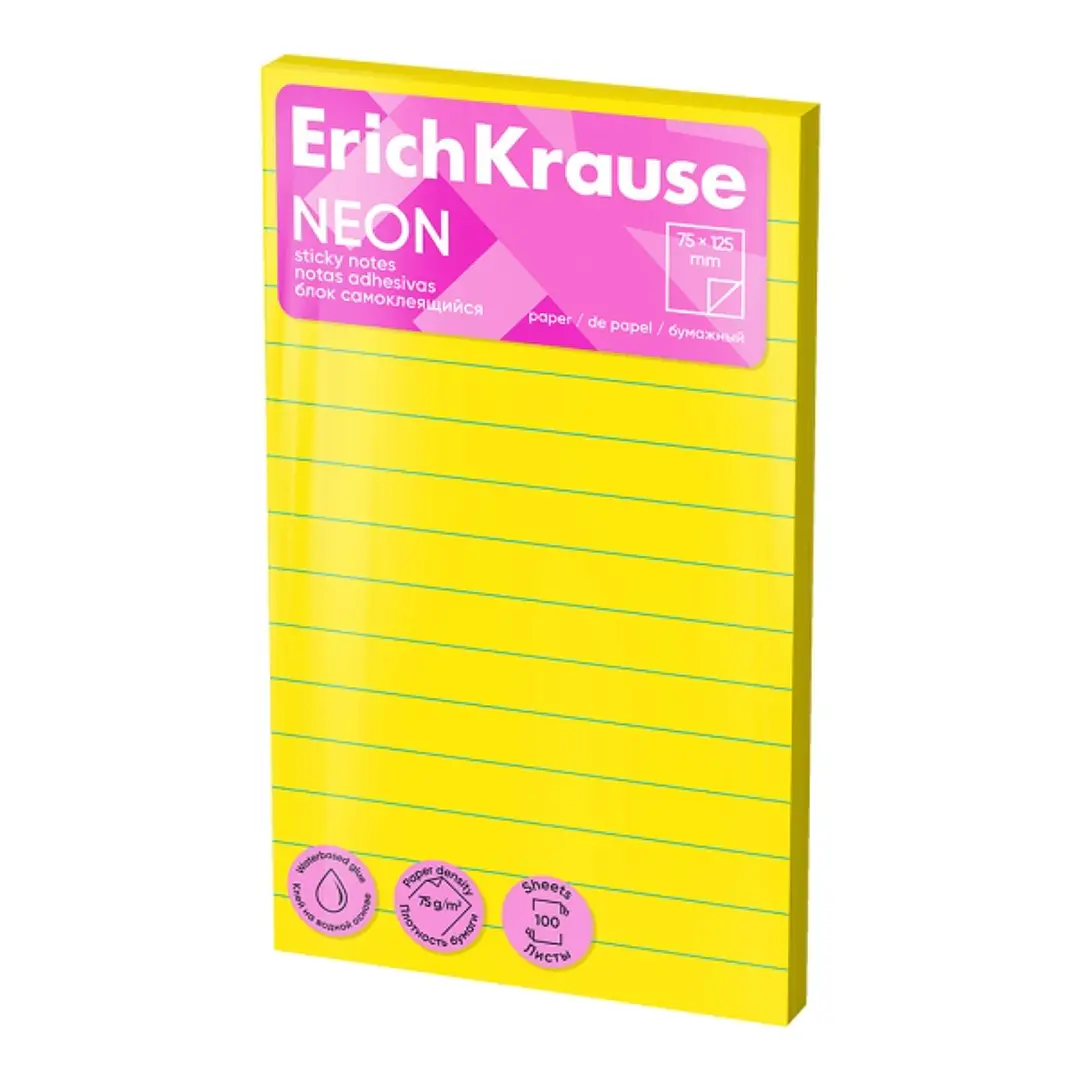 ErichKrause Neon Bloc de 100 Notas Adhesivas Reposicionables - Papel de 75g/m2 - 75x125mm - Pegamento a Base de Agua - Colores Surtidos 1