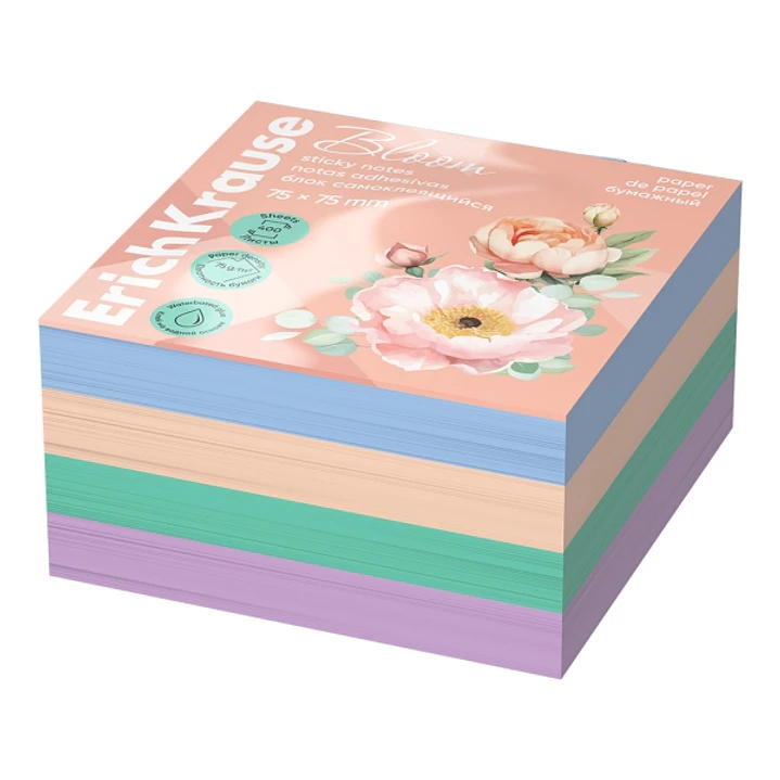 ErichKrause Pastel Bloom Bloc de 400 Notas Adhesivas Reposicionables - Papel de 75g/m2 - 75x75mm - Pegamento a Base de Agua - Colores Surtidos 1