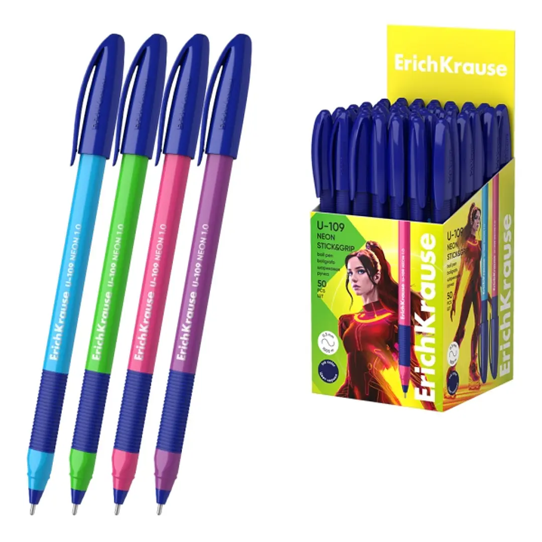 ErichKrause U-109 Stick and Grip Neon Boligrafo con Capuchon - Modelos Surtidos - Trazo 0.3mm - Zona de Agarre de Goma - Tinta de Baja Viscosidad - Ta 1