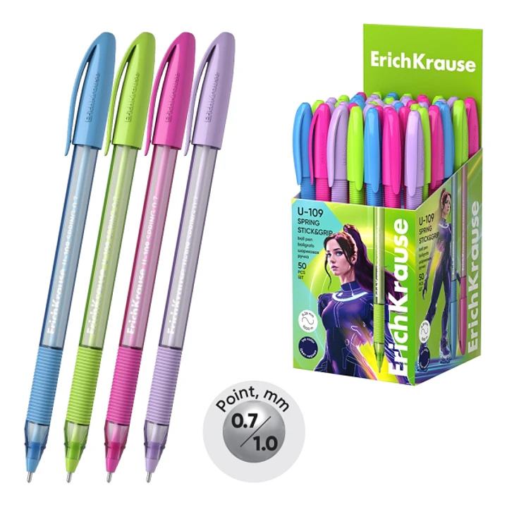 ErichKrause U-109 Stick and Grip Spring Boligrafo con Capuchon - Modelos Surtidos - Trazo 0.3mm - Zona de Agarre de Goma - Tinta de Baja Viscosidad -  1