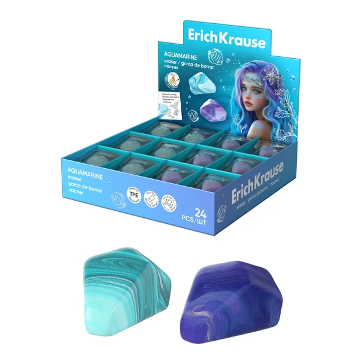 ErichKrause Aquamarine Expositor con 24 Gomas de Borrar - Caucho Termoplastico - Borrado Suave - No Deja Residuos - No Rasga el Papel - Libre de PVC - 1