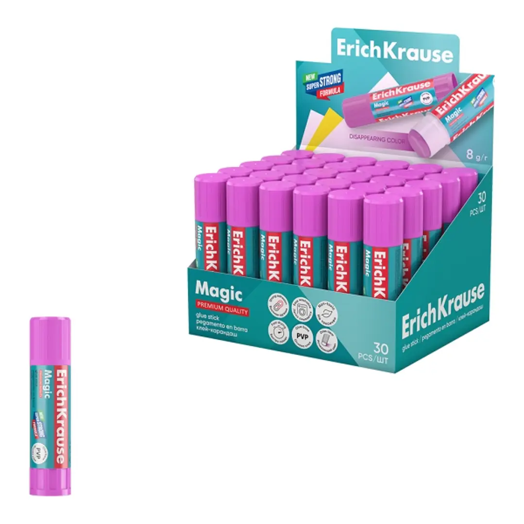 ErichKrause Magic Expositor con 30 Pegamentos en Barra - 8g - No Toxico - Multisuperficie - Color Violeta 1