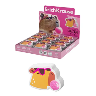 ErichKrause CapyBarbara Expositor con 24 Gomas de Borrar - Caucho Termoplastico - Borrado Suave - No Deja Residuos - No Rasga el Papel - Libre de PVC 