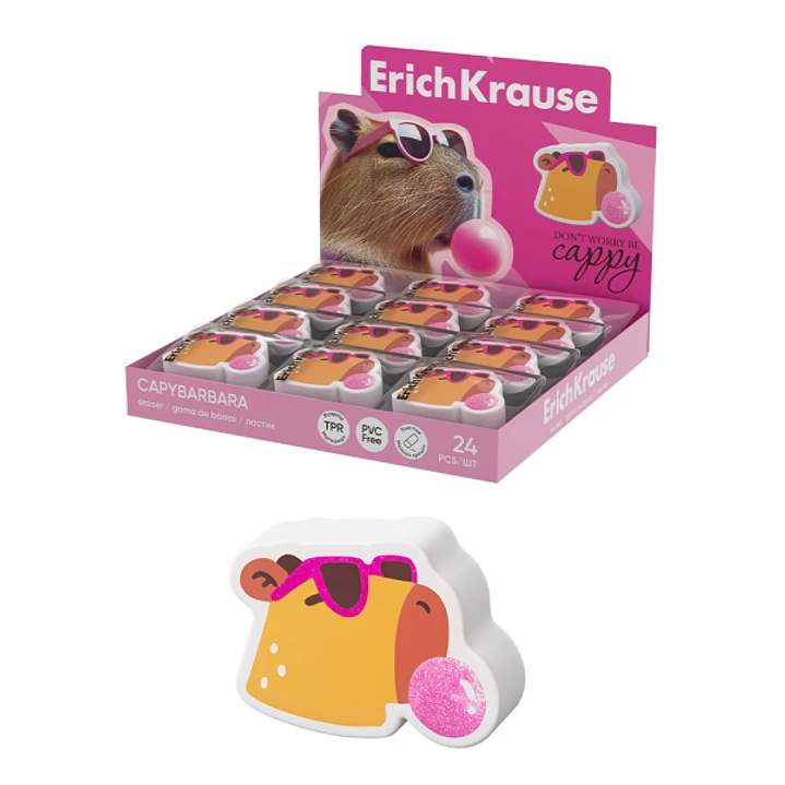 ErichKrause CapyBarbara Expositor con 24 Gomas de Borrar - Caucho Termoplastico - Borrado Suave - No Deja Residuos - No Rasga el Papel - Libre de PVC  1
