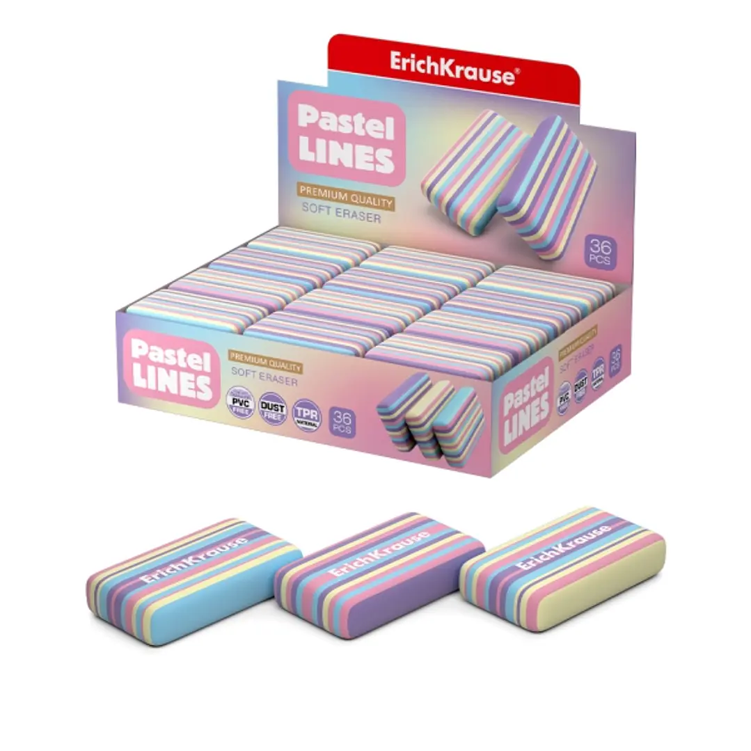 ErichKrause Pastel Lines Expositor con 36 Gomas de Borrar - Caucho Termoplastico - No Deja Residuos - No Rasga el Papel - Libre de PVC - Colores Surti 1