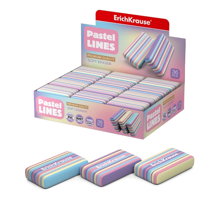 ErichKrause Pastel Lines Expositor con 36 Gomas de Borrar - Caucho Termoplastico - No Deja Residuos - No Rasga el Papel - Libre de PVC - Colores Surti 1