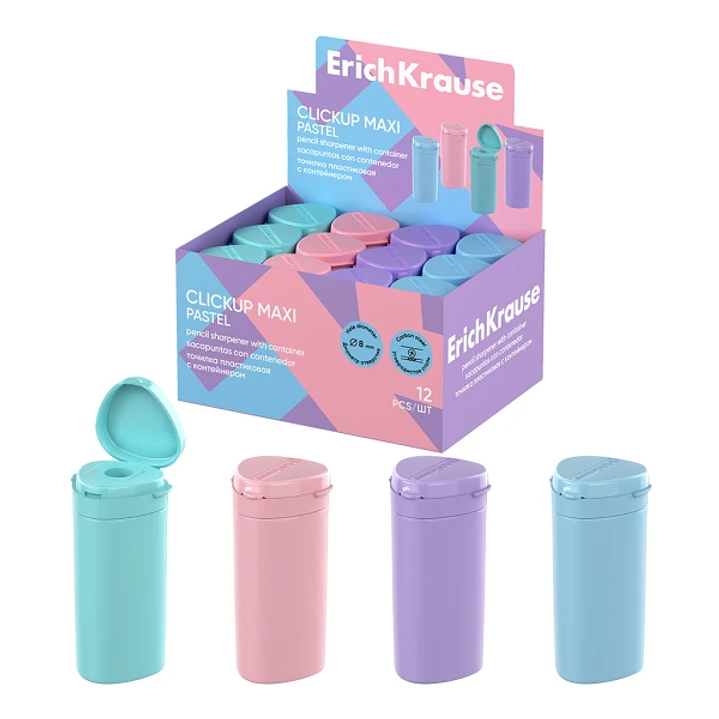 ErichKrause ClickUp Maxi Pastel Expositor con 12 Sacapuntas con Contenedor - Plastico - Cuchilla Niquelada de Acero al Carbono - Orificio de 8mm - Col 1