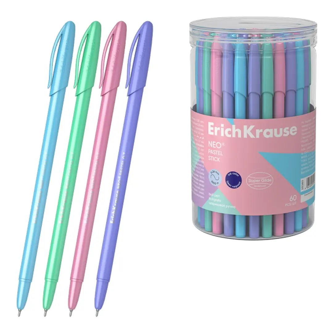 ErichKrause Neo Stick Pastel Boligrafo con Capuchon - Modelos Surtidos - Trazo 0.26mm - Tinta de Baja Viscosidad - Color Azul 1
