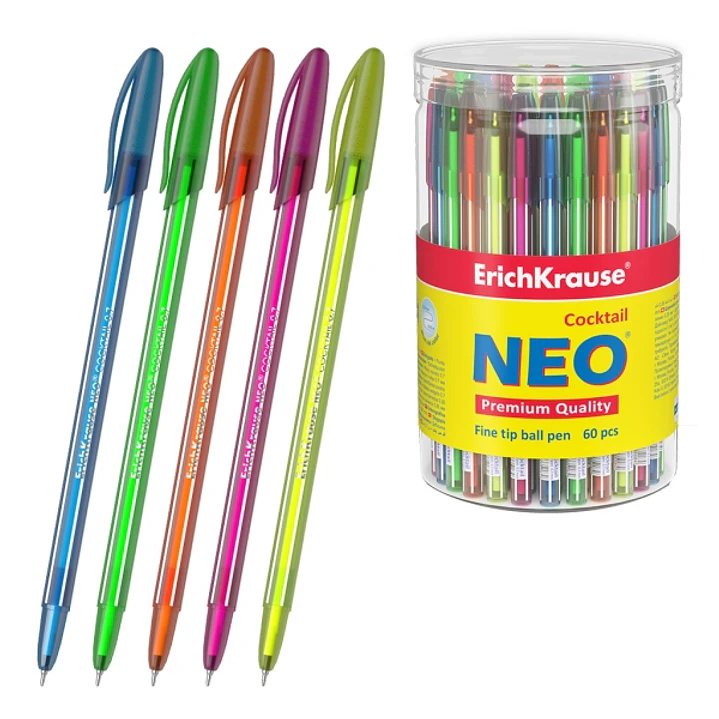 ErichKrause Neo Stick Cocktail Boligrafo con Capuchon - Modelos Surtidos - Trazo 0.26mm - Tinta de Baja Viscosidad - Color Azul 1
