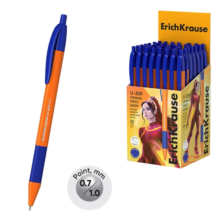 ErichKrause U-209 Matic and Grip Orange Boligrafo Retractil - Punta de 0.7mm - Cuerpo Opaco Naranja - Trazo 0.26mm - Zona de Agarre de Goma - Color Az 1