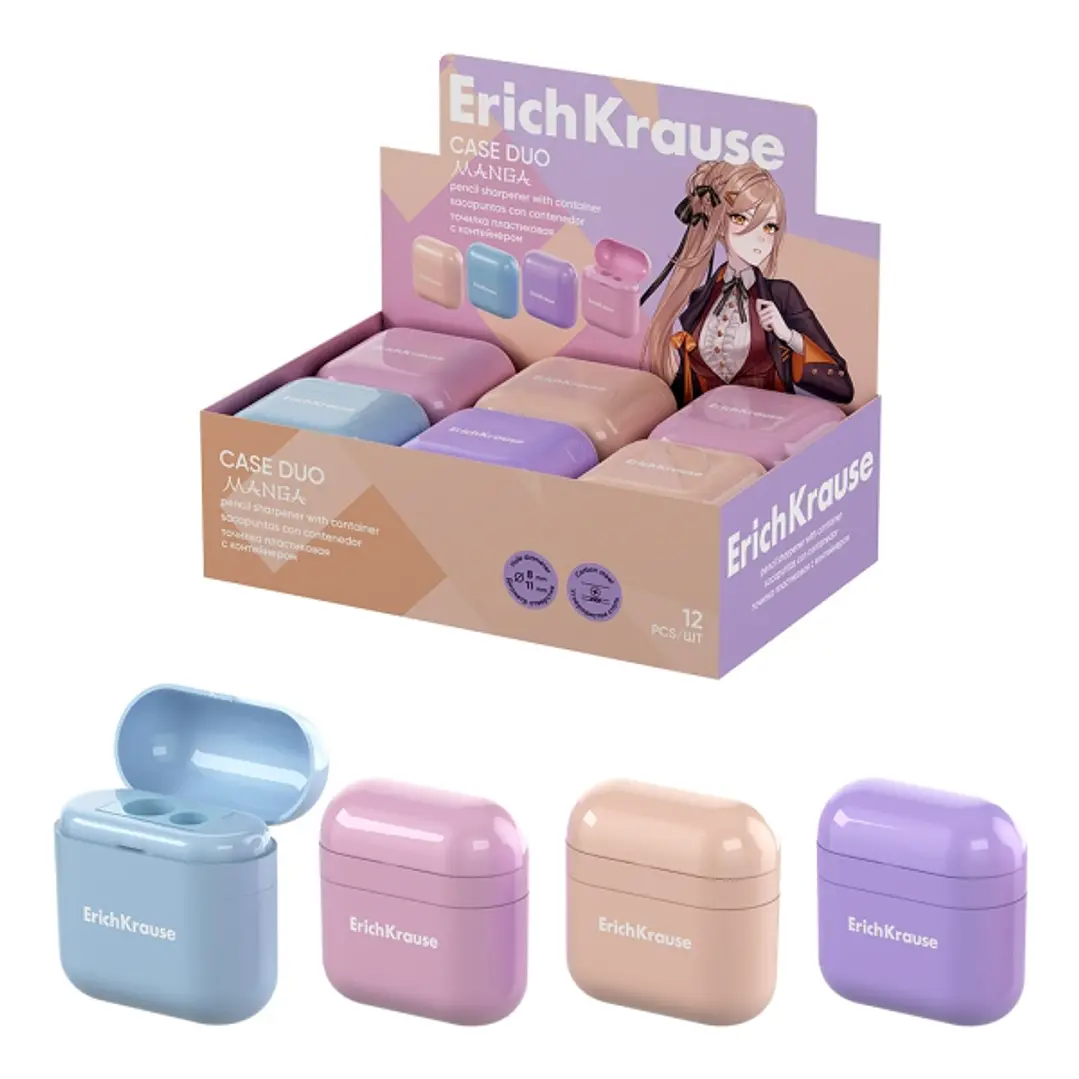 ErichKrause Case Duo Manga Expositor con 12 Sacapuntas con Contenedor - Plastico - 2 Orificios de 8 y 11mm - Cuchilla Niquelada de Acero al Carbono -  1