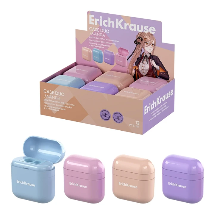 ErichKrause Case Duo Manga Expositor con 12 Sacapuntas con Contenedor - Plastico - 2 Orificios de 8 y 11mm - Cuchilla Niquelada de Acero al Carbono -  1