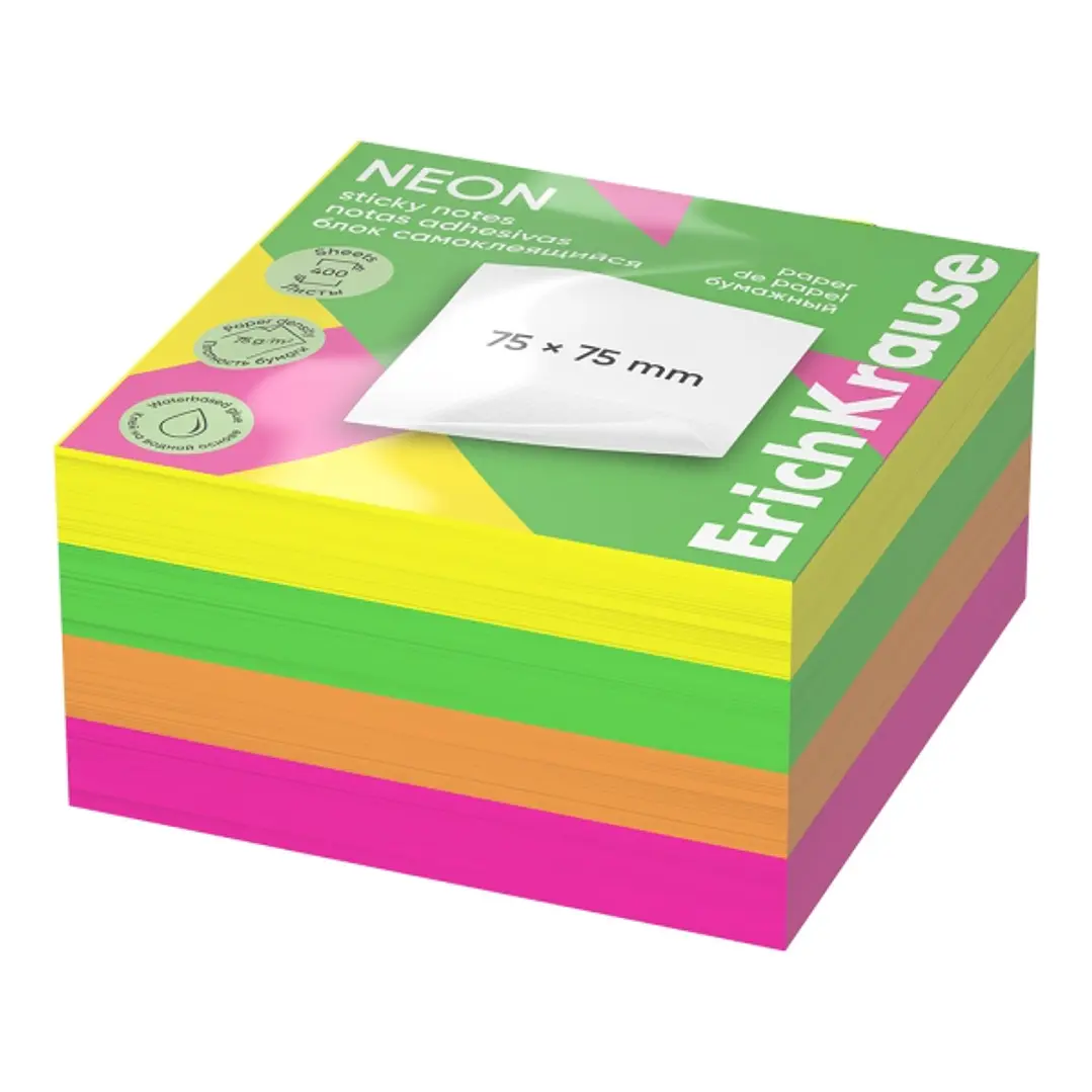 ErichKrause Neon Bloc de 400 Notas Adhesivas Reposicionables - Papel de 75g/m2 - 75x75mm - Pegamento a Base de Agua - Colores Surtidos 1