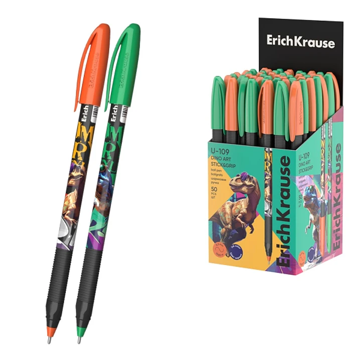 ErichKrause U-109 Stick and Grip Dino Art Boligrafo con Capuchon - Modelos Surtidos - Trazo 0.3mm - Zona de Agarre de Goma - Tinta de Baja Viscosidad  1
