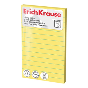 ErichKrause Bloc de 100 Notas Adhesivas Reposicionables - Papel de 75g/m2 - 75x125mm - Pegamento a Base de Agua - Color Amarillo