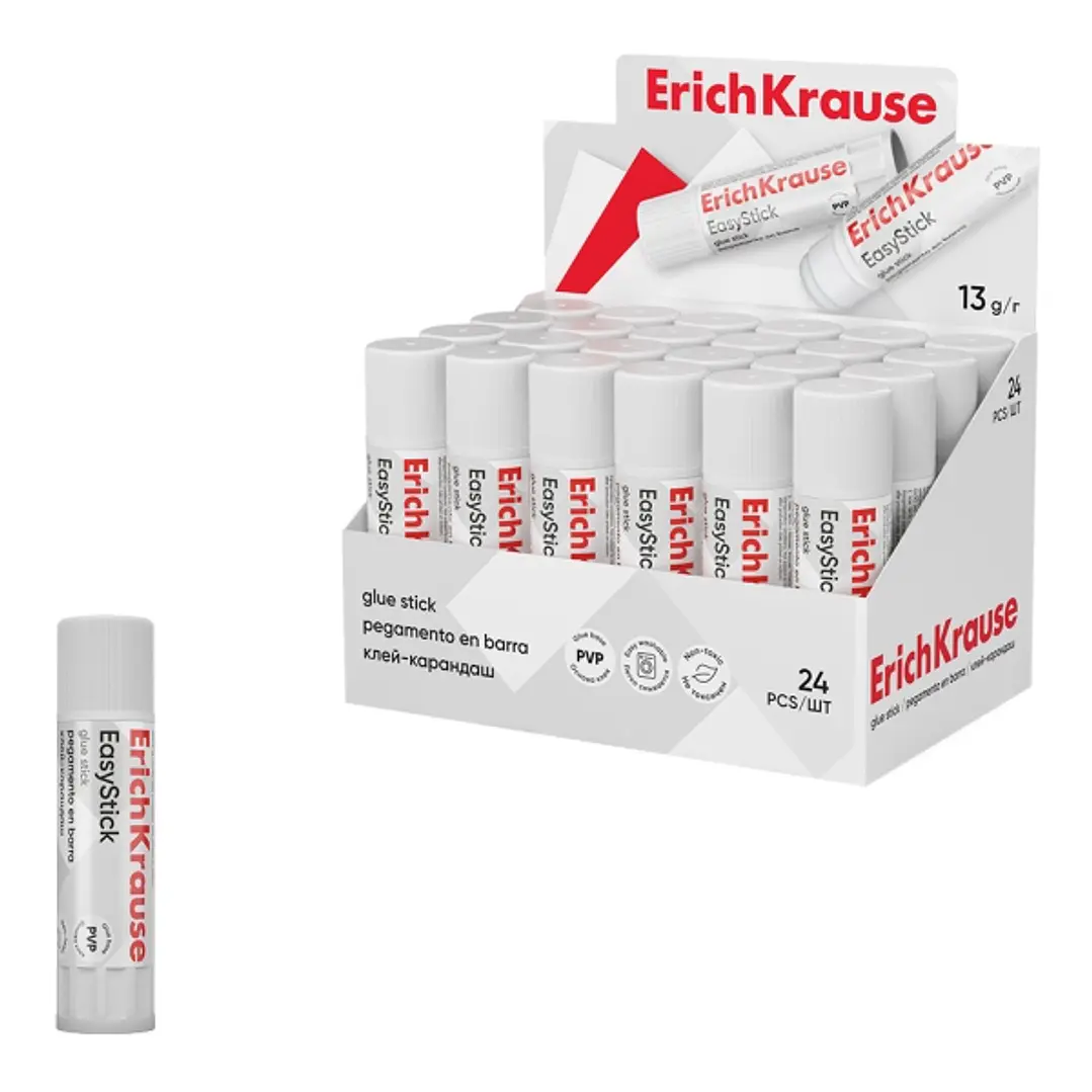 ErichKrause EasyStick Expositor con 24 Pegamentos en Barra - 13g - No Toxico - Secado Rapido - sin Disolventes - Multisuperficie - Color Blanco 1