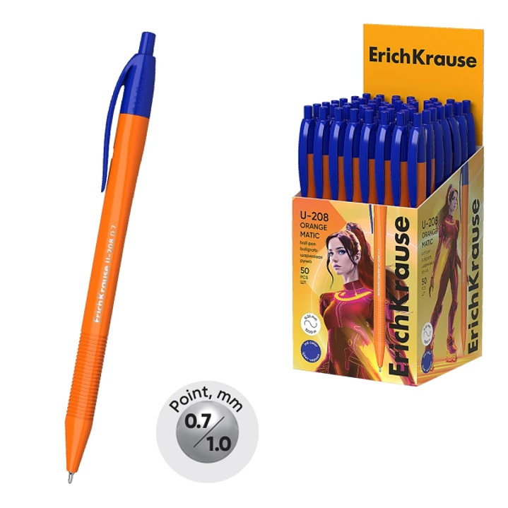 ErichKrause U-208 Matic Orange Boligrafo Retractil - Punta de 0.7mm - Cuerpo Opaco Naranja - Trazo 0.26mm - Color Azul 1