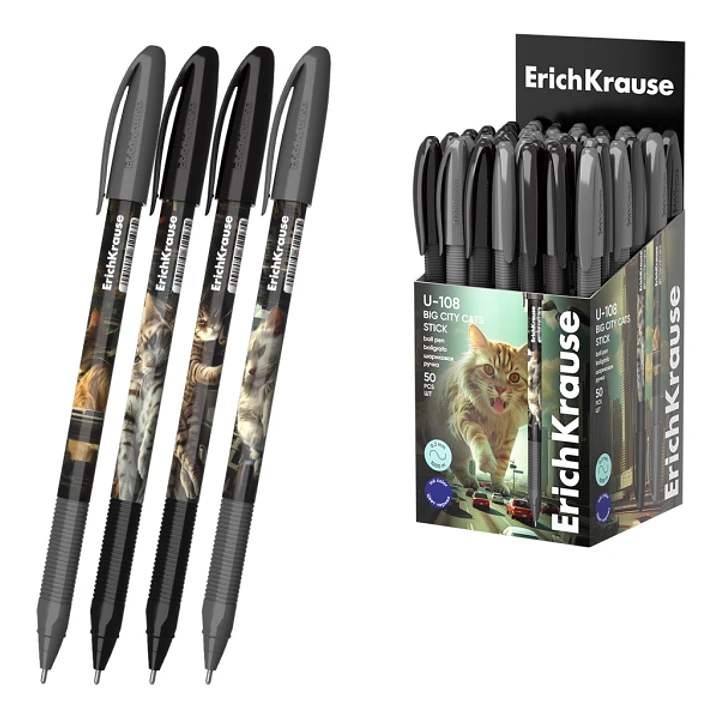 ErichKrause U-108 Stick Big City Cats Boligrafo con Capuchon - Modelos Surtidos - Trazo 0.3mm - Tinta de Baja Viscosidad - Tapa Ventilada - Color Azul 1