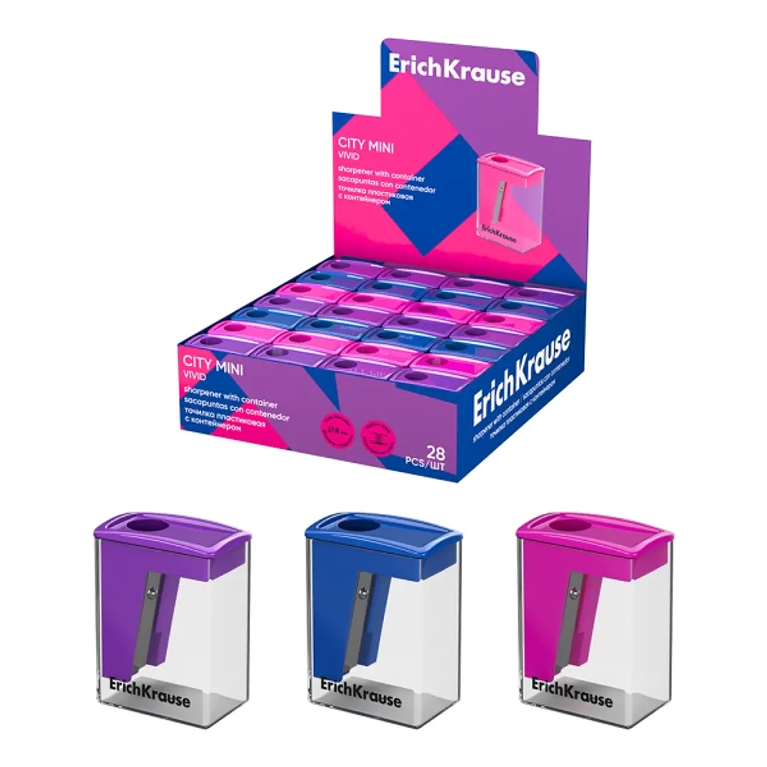 ErichKrause City Mini Vivid Expositor con 28 Sacapuntas con Contenedor - Plastico - Cuchilla Niquelada de Acero al Carbono - Orificio de 8mm - Colores 1