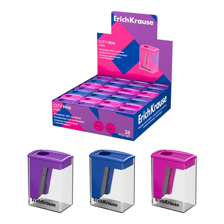 ErichKrause City Mini Vivid Expositor con 28 Sacapuntas con Contenedor - Plastico - Cuchilla Niquelada de Acero al Carbono - Orificio de 8mm - Colores 1