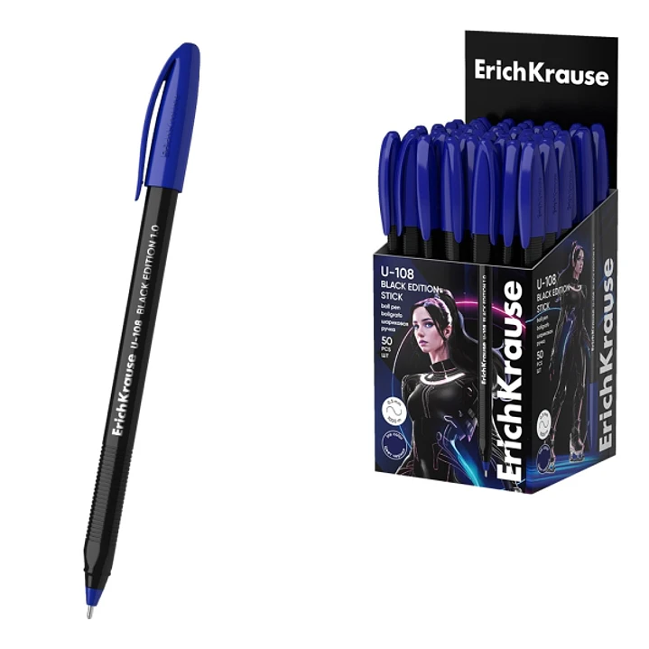 ErichKrause U-108 Stick Black Edition Boligrafo con Capuchon - Punta de 1.0mm - Cuerpo Opaco Negro - Trazo 0.3mm - Tinta de Baja Viscosidad - Tapa Ven 1