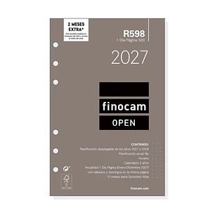 Finocam R598 Recambio para Agenda Open - Anual 2027 - 1 Dia por Pagina - Formato 500 - 117x181mm - 6 Taladros - Papel de 70g/m2 - Color Blanco