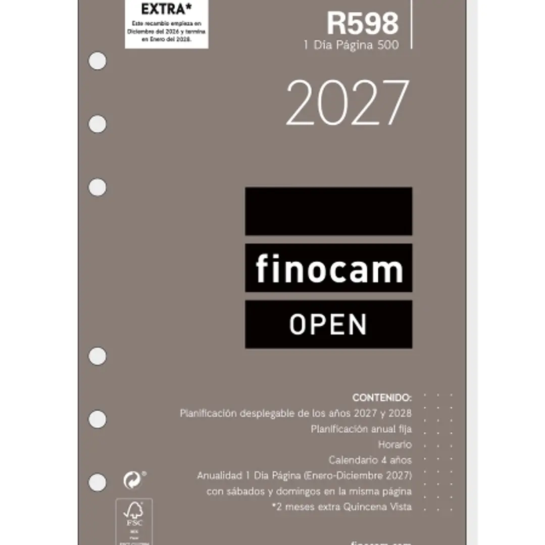 Finocam R598 Recambio para Agenda Open - Anual 2027 - 1 Dia por Pagina - Formato 500 - 117x181mm - 6 Taladros - Papel de 70g/m2 - Color Blanco 1