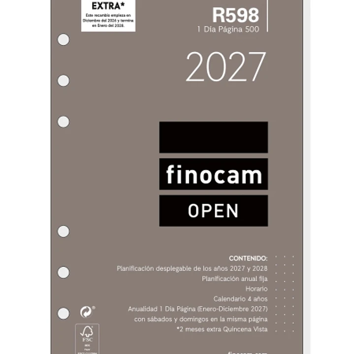 Finocam R598 Recambio para Agenda Open - Anual 2027 - 1 Dia por Pagina - Formato 500 - 117x181mm - 6 Taladros - Papel de 70g/m2 - Color Blanco 1