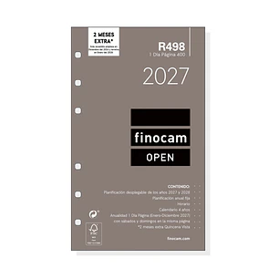 Finocam R498 Recambio para Agenda Open - Anual 2027 - 1 Dia por Pagina - Formato 400 - 91x152mm - 6 Taladros - Papel de 70g/m2 - Color Blanco