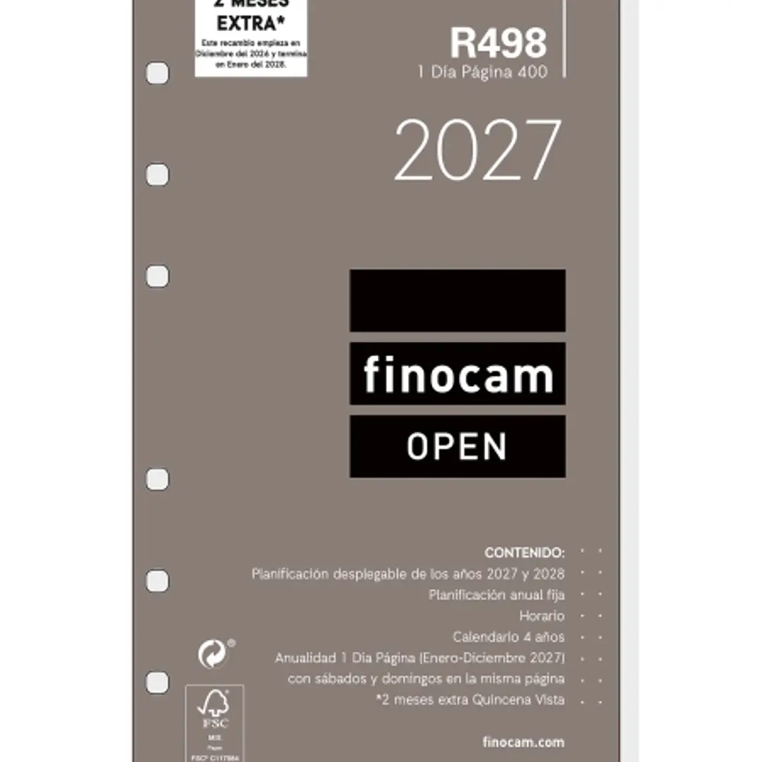 Finocam R498 Recambio para Agenda Open - Anual 2027 - 1 Dia por Pagina - Formato 400 - 91x152mm - 6 Taladros - Papel de 70g/m2 - Color Blanco 1