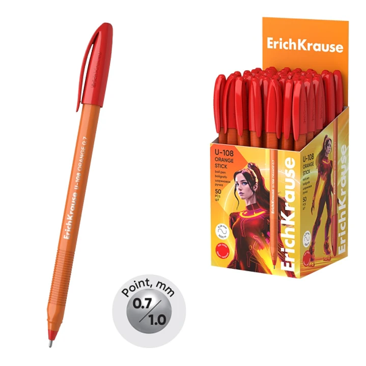 ErichKrause U-108 Stick Orange Boligrafo con Capuchon - Punta de 0.7mm - Cuerpo Opaco Naranja - Trazo 0.26mm - Tinta de Baja Viscosidad - Tapa Ventila 1