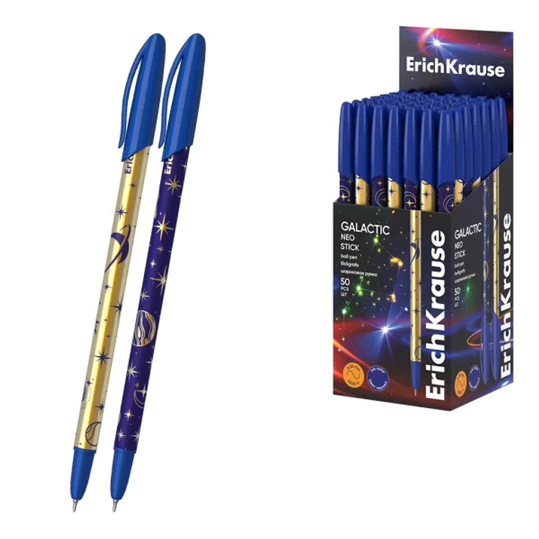 ErichKrause Neo Stick Galactic Boligrafo con Capuchon - Modelos Surtidos - Trazo 0.26mm - Tinta de Baja Viscosidad - Tapa Ventilada - Color Azul 1