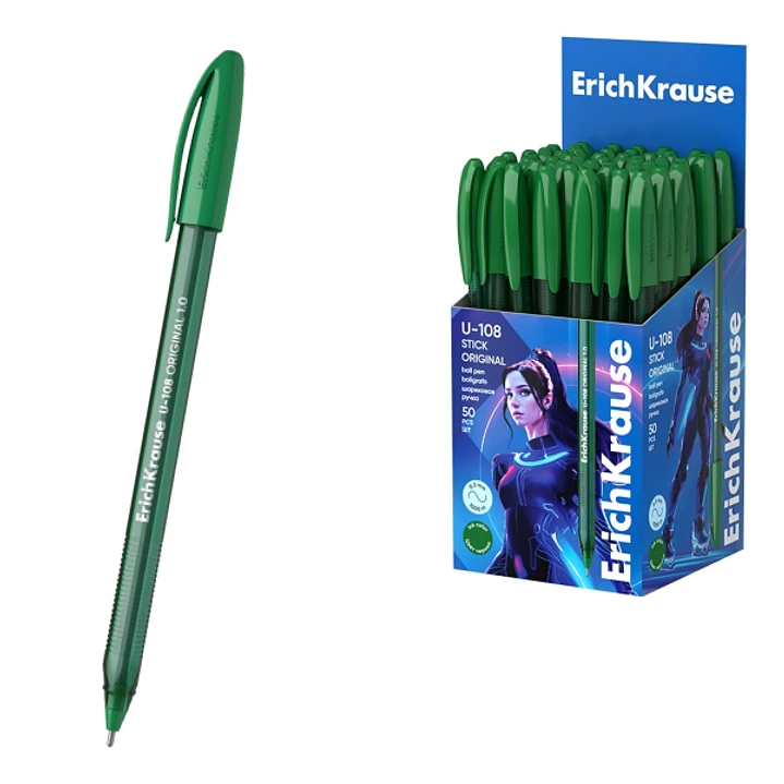 ErichKrause U-108 Stick Original Boligrafo con Capuchon - Punta de 1.0mm - Trazo 0.3mm - Tinta de Baja Viscosidad - Tapa Ventilada - Color Verde 1