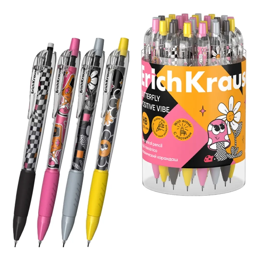ErichKrause Butterfly Positive Vibe Portaminas - Mina HB de 0.7mm - Goma de Borrar Integrada - Ergonomico - Colores Surtidos 1
