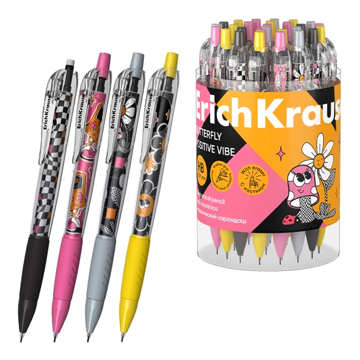 ErichKrause Butterfly Positive Vibe Portaminas - Mina HB de 0.7mm - Goma de Borrar Integrada - Ergonomico - Colores Surtidos 1