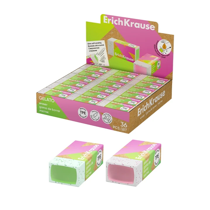 ErichKrause Gelato Expositor con 36 Gomas de Borrar - Caucho Termoplastico - No Deja Residuos - No Rasga el Papel - Libre de PVC - Colores Surtidos 1