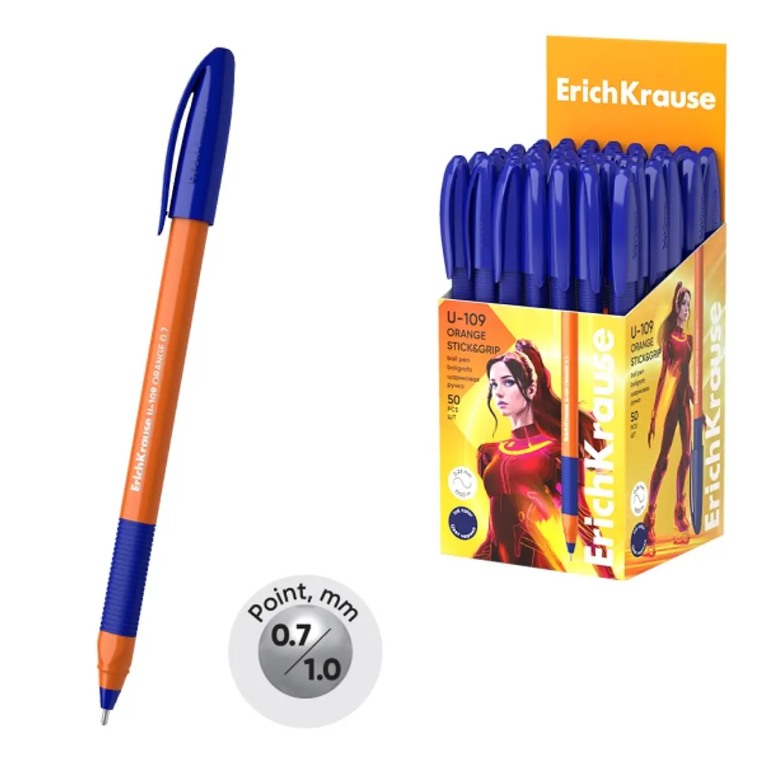 ErichKrause U-109 Stick and Grip Orange Boligrafo con Capuchon - Punta de 0.7mm - Cuerpo Opaco Naranja - Trazo 0.26mm - Zona de Agarre de Goma - Tinta 1