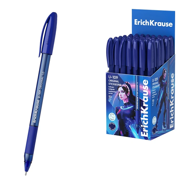 ErichKrause U-109 Stick and Grip Original Boligrafo con Capuchon - Punta de 1.0mm - Cuerpo Transparente - Trazo 0.3mm - Zona de Agarre de Goma - Tinta 1