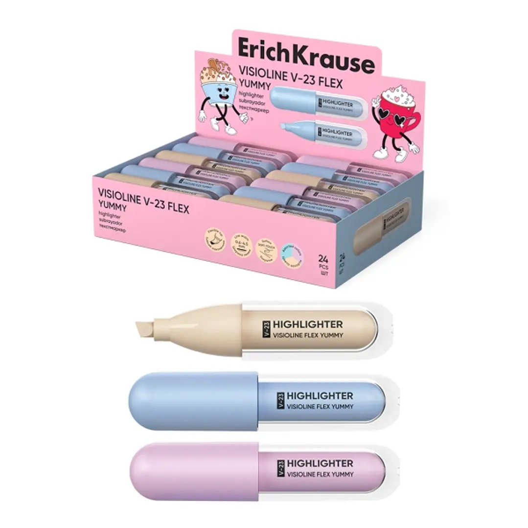 ErichKrause Visioline V-23 Flex Yummy Expositor con 24 Marcadores Fluorescentes - Punta Biselada - Trazo de 0.6 a 4.5mm - Colores Pastel Surtidos 1