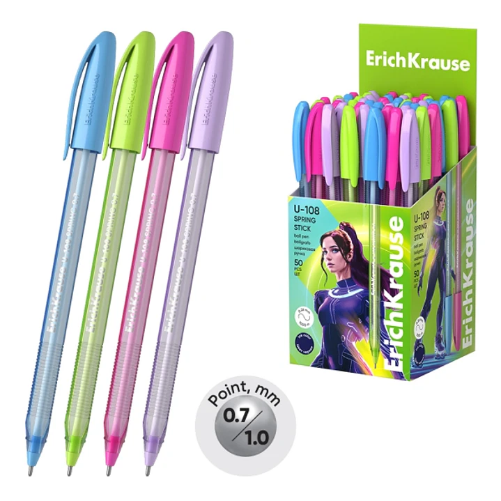 ErichKrause U-108 Stick Spring Boligrafo con Capuchon - Modelos Surtidos - Trazo 0.26mm - Tinta de Baja Viscosidad - Tapa Ventilada - Color Azul 1