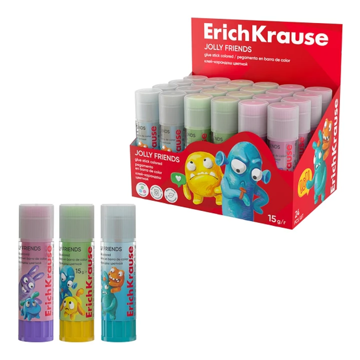 ErichKrause EasyStick Jolly Friends Expositor con 24 Pegamentos en Barra - 15g - Multisuperficie - Colores Surtidos 1
