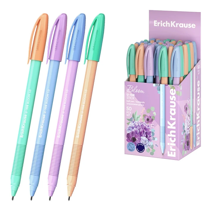 ErichKrause U-108 Stick Pastel Bloom Boligrafo con Capuchon - Punta de 1.0mm - Trazo 0.3mm - Zona de Agarre de Goma - Tinta de Baja Viscosidad - Tapa  1