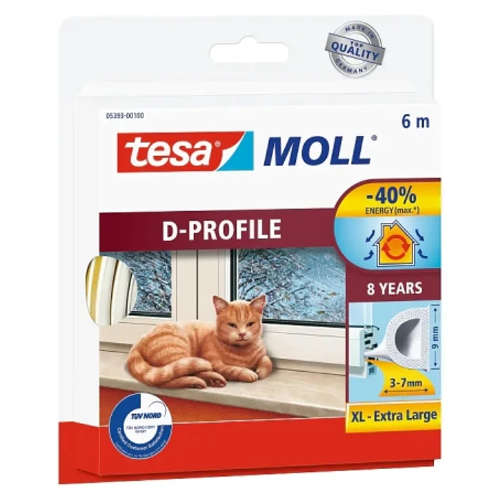 Tesa Moll Classic D-Perfil Burlete para Ventanas Perfil D 6m x 9mm x 4mm - Color Blanco 1